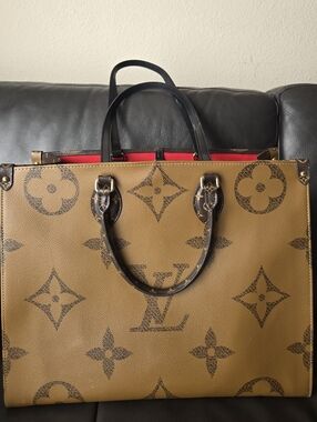 Two-Tone Monogram Canvas Carryall Tote with Red Interior